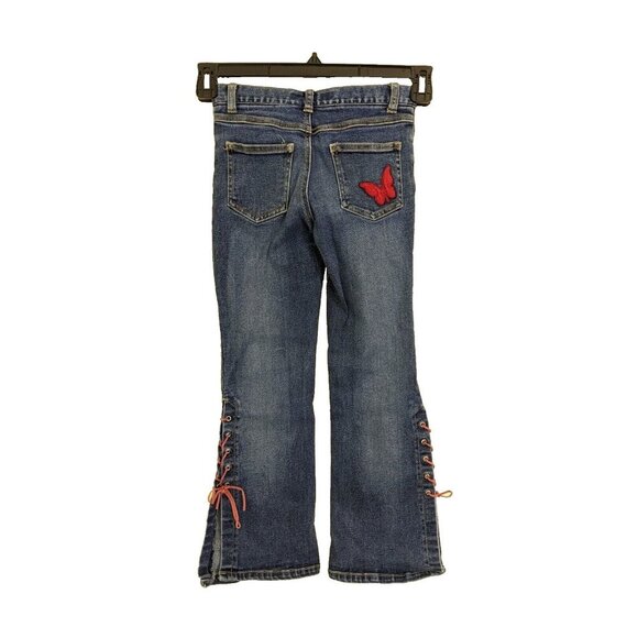 Girls Jeans Size 8 Retro Flare Patches Butterfly Flower Lace Up Cotton Stretch - Picture 2 of 8